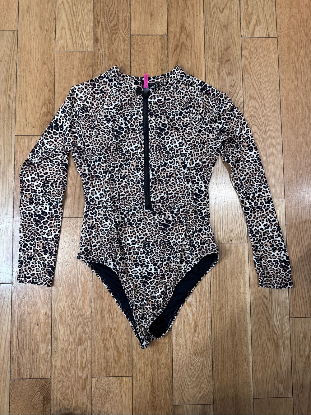 Betsey Johnson Rash Guard Black and Leopard Print Long Sleeve Zip-Up Bodysuit M